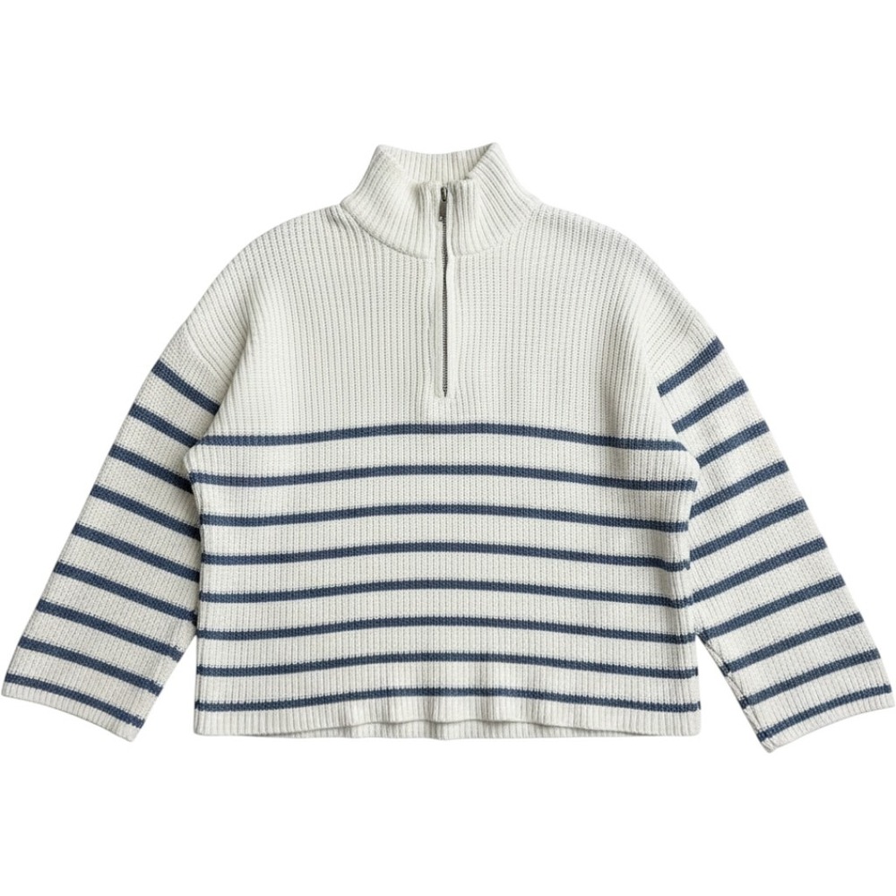 Edikted Womens Striped Quarter Zip Pullover Sweater White Blue Cotton Ribbed S
